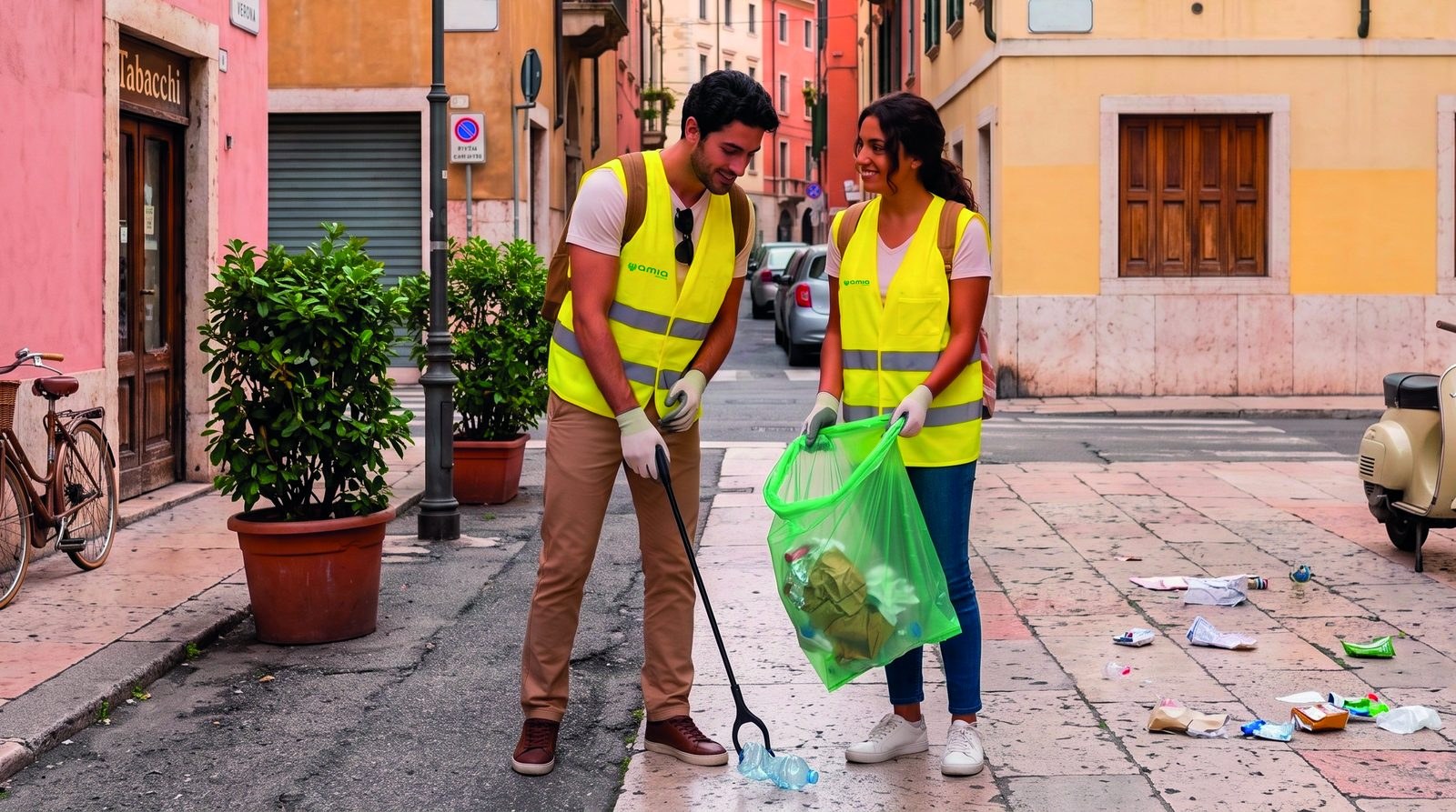Due volontari AMIA raccolgono rifiuti in una strada di Verona