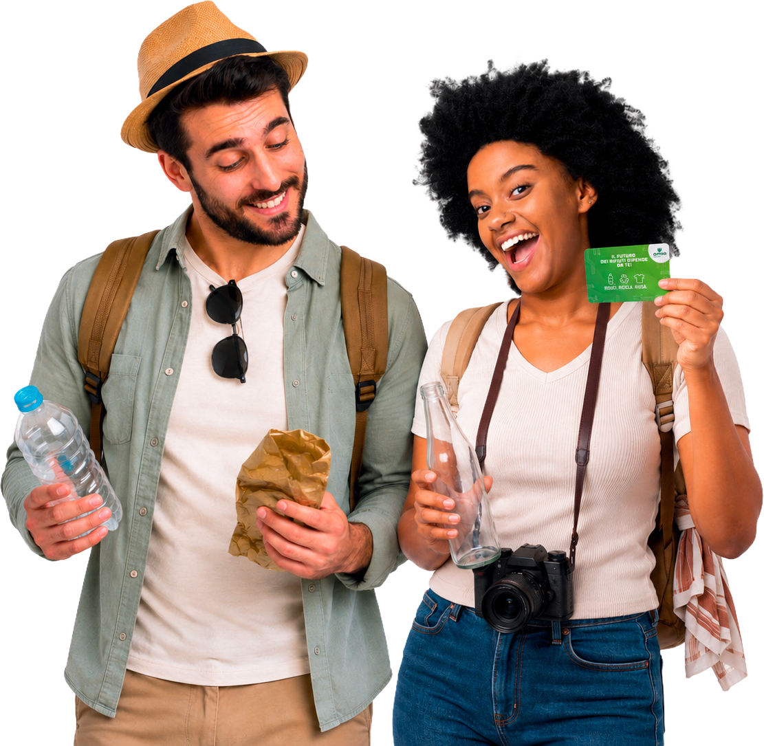 Due turisti con materiali per la raccolta differenziata